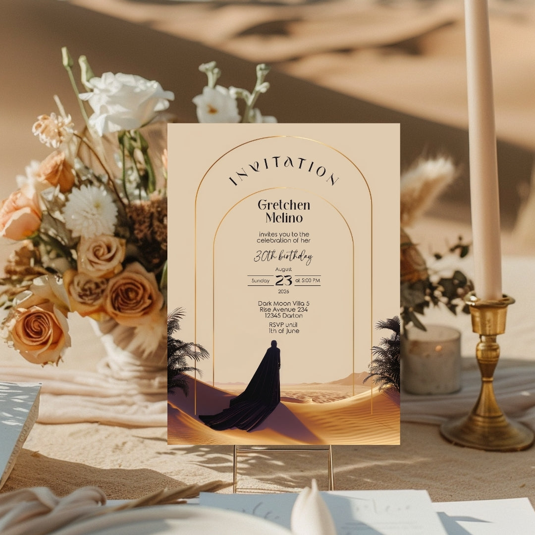 Elegant Desert Birthday Invitation - Black and Gold Design with Modern Motifs