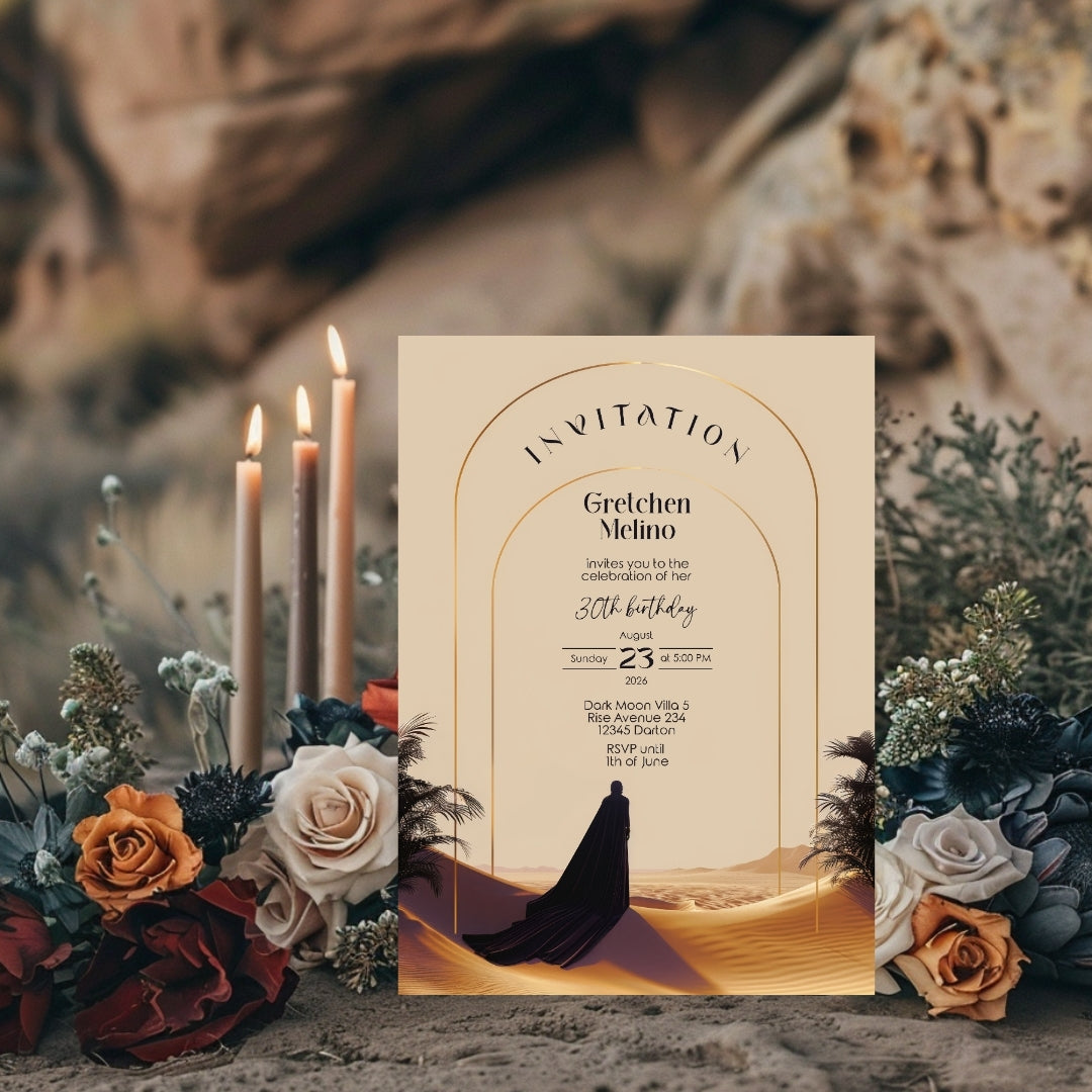 Elegant Desert Birthday Invitation - Black and Gold Design with Modern Motifs
