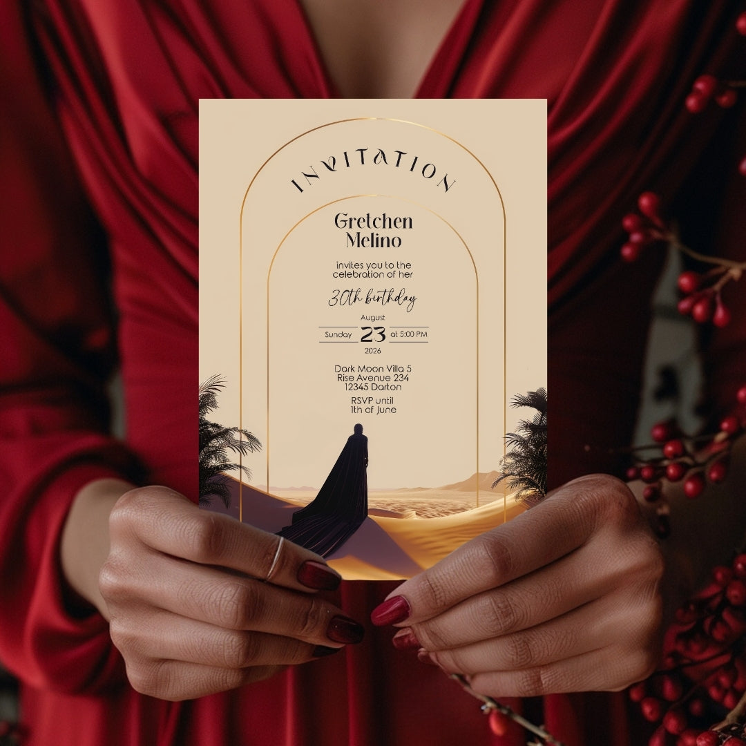 Elegant Desert Birthday Invitation - Black and Gold Design with Modern Motifs