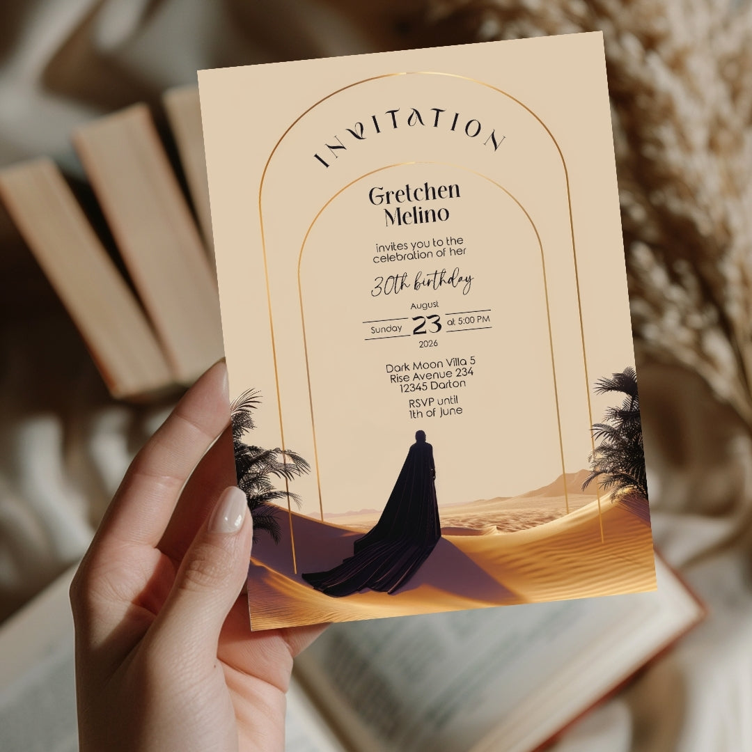 Elegant Desert Birthday Invitation - Black and Gold Design with Modern Motifs