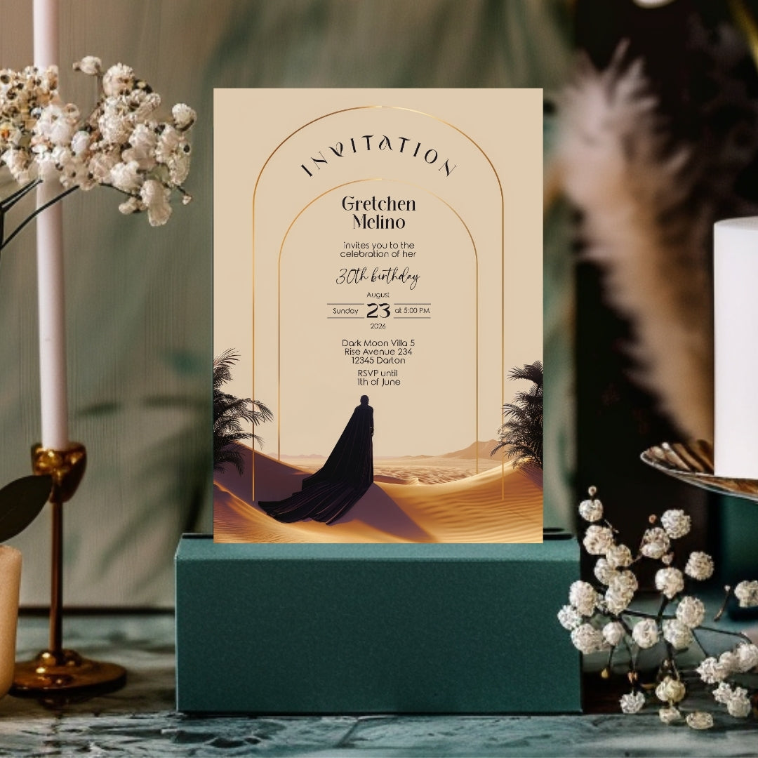 Elegant Desert Birthday Invitation - Black and Gold Design with Modern Motifs
