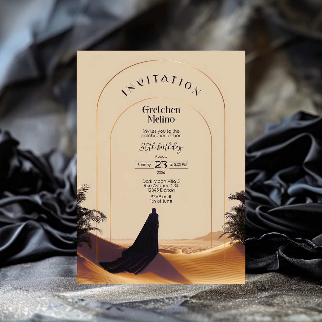 Elegant Desert Birthday Invitation - Black and Gold Design with Modern Motifs