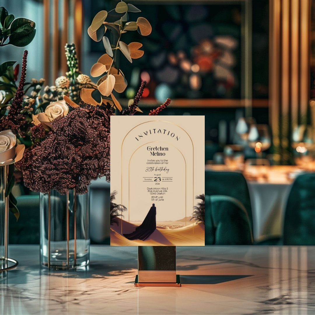Elegant Desert Birthday Invitation - Black and Gold Design with Modern Motifs