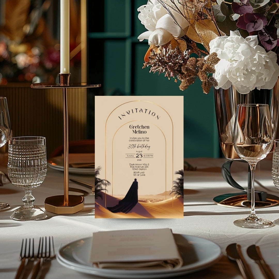 Elegant Desert Birthday Invitation - Black and Gold Design with Modern Motifs