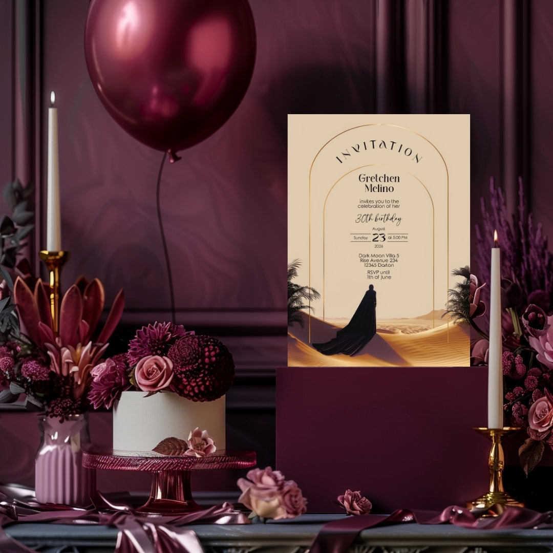 Elegant Desert Birthday Invitation - Black and Gold Design with Modern Motifs