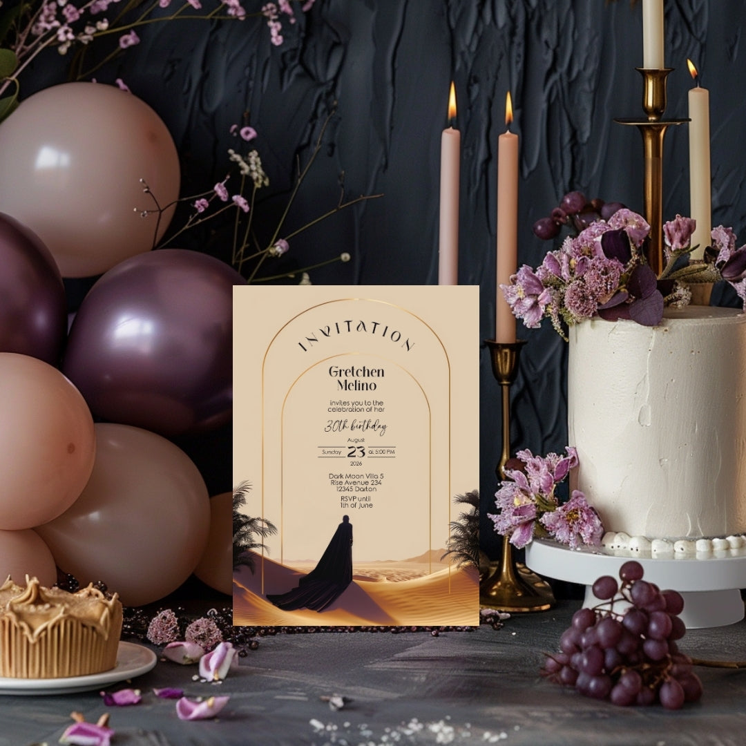 Elegant Desert Birthday Invitation - Black and Gold Design with Modern Motifs