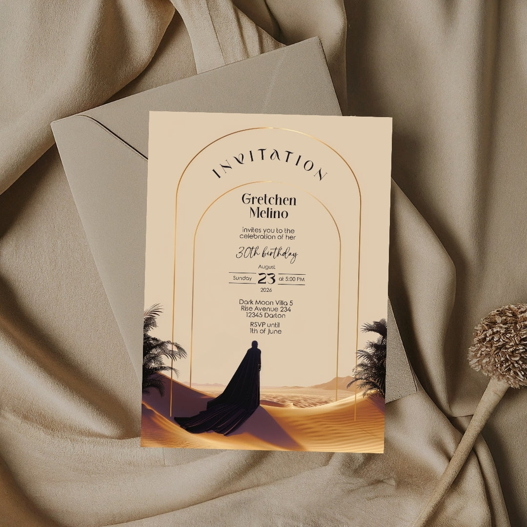 Elegant Desert Birthday Invitation - Black and Gold Design with Modern Motifs