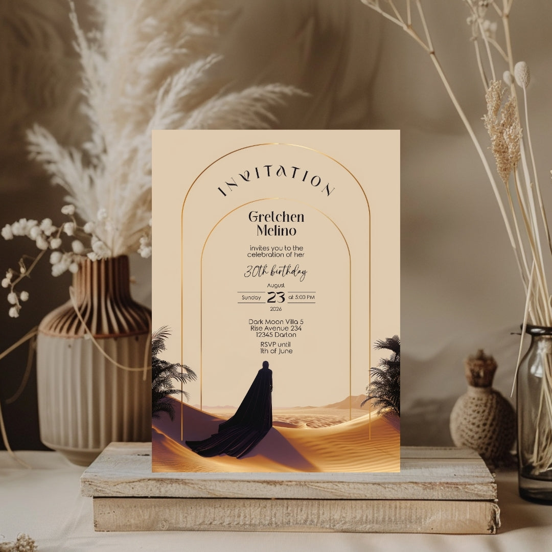 Elegant Desert Birthday Invitation - Black and Gold Design with Modern Motifs