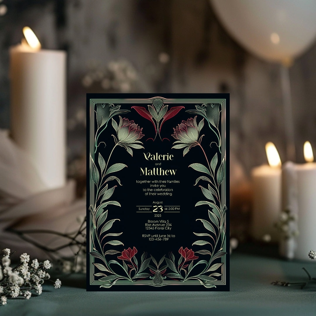 Red Floral Gothic Wedding Invitation