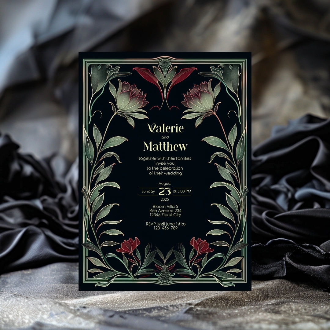 Red Floral Gothic Wedding Invitation