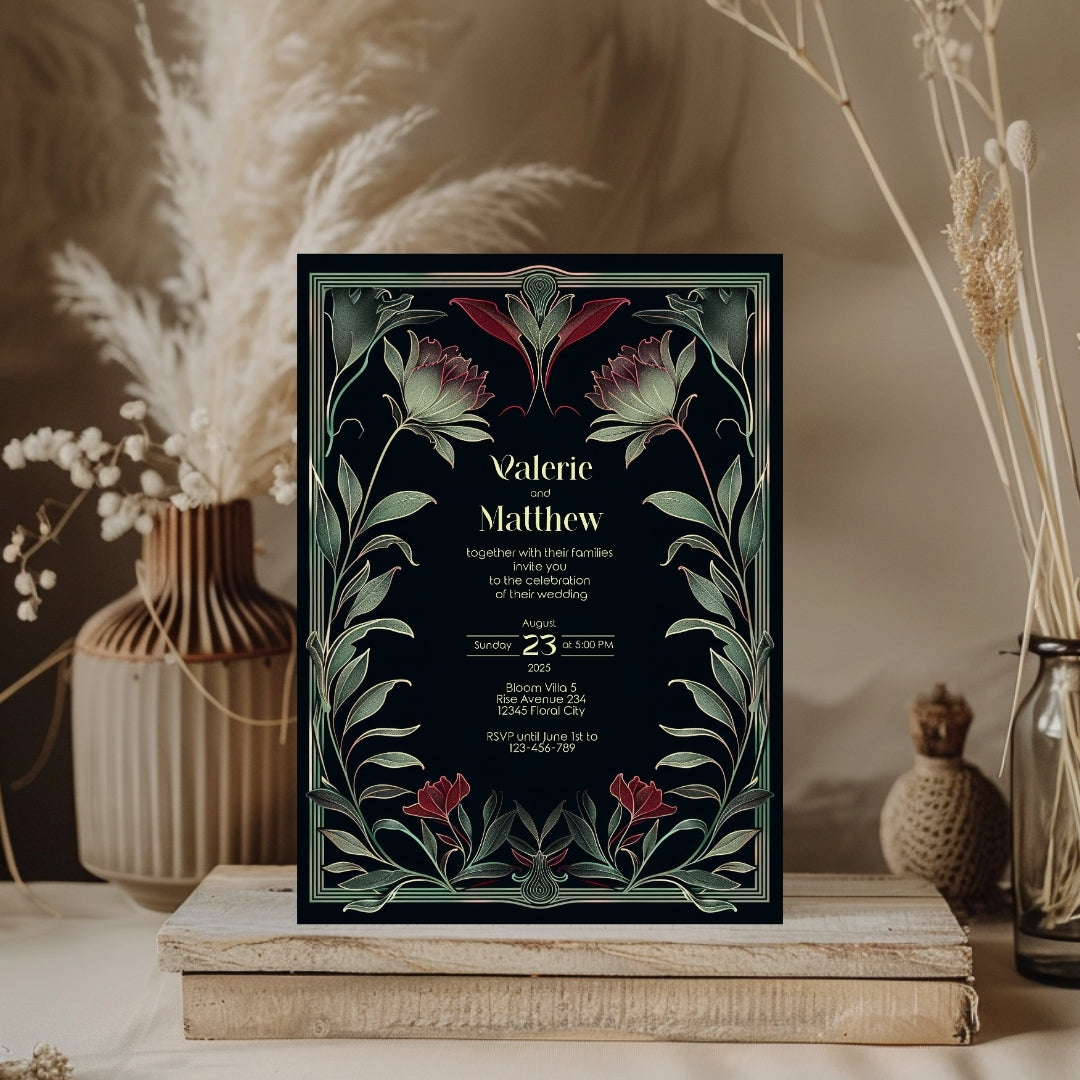 Red Floral Gothic Wedding Invitation