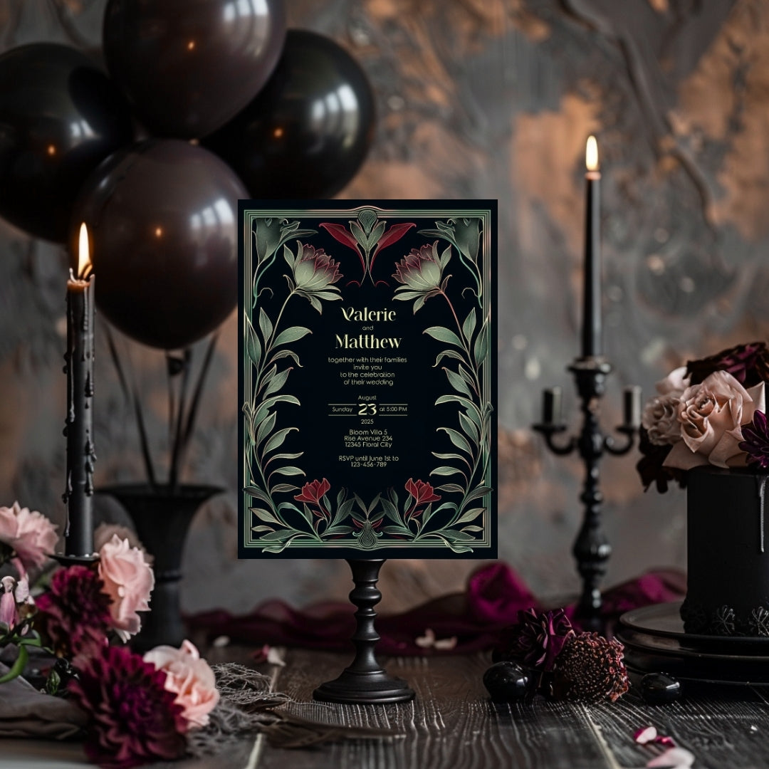 Red Floral Gothic Wedding Invitation