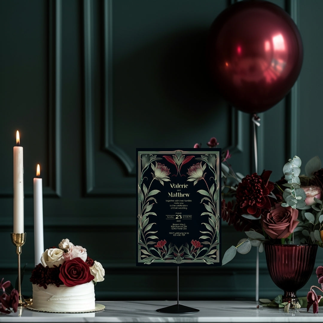 Red Floral Gothic Wedding Invitation