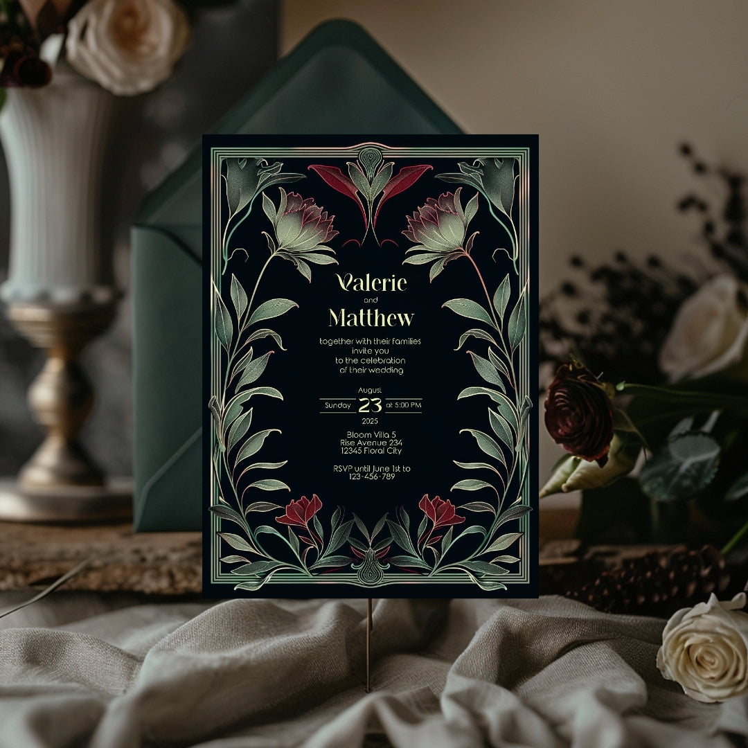 Red Floral Gothic Wedding Invitation