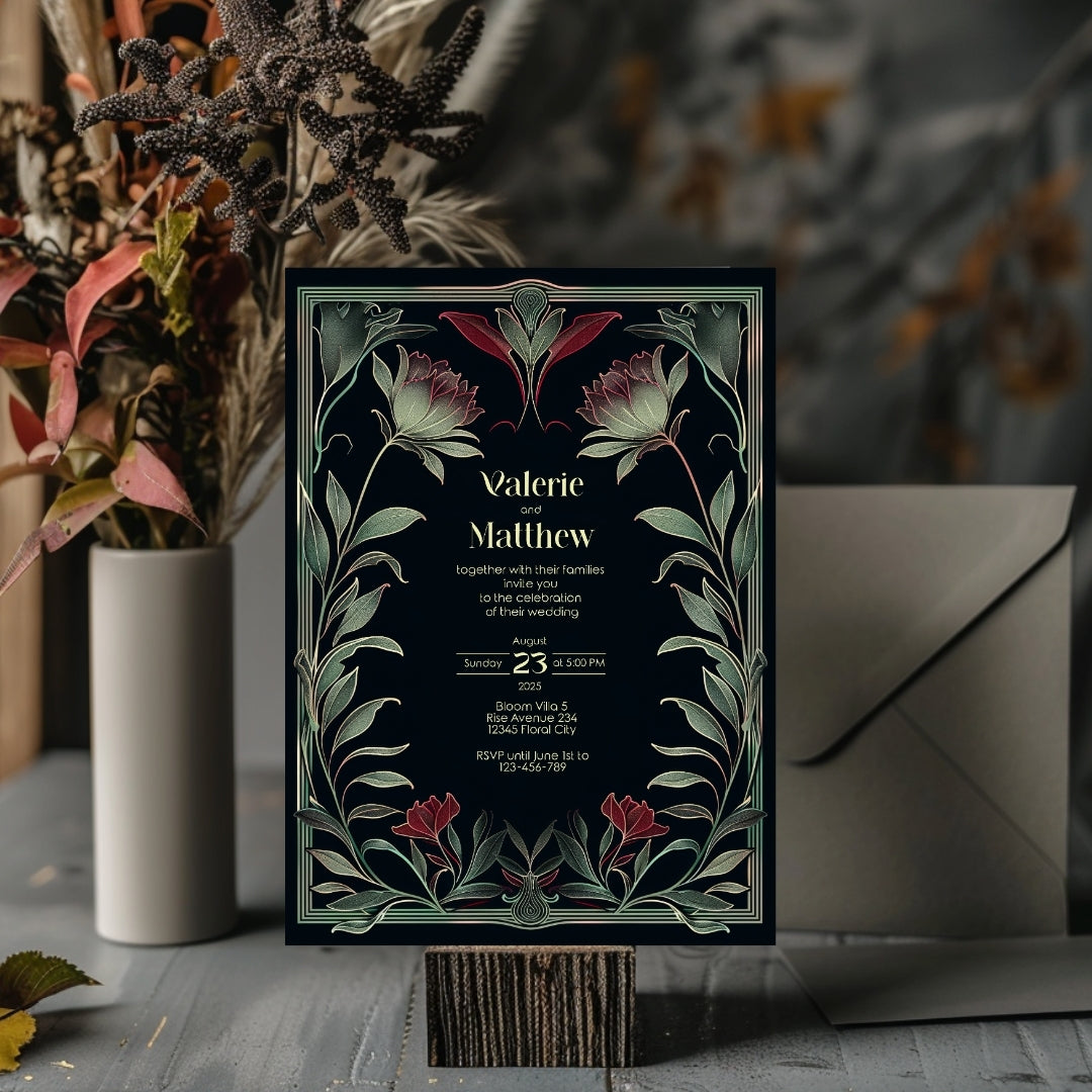 Red Floral Gothic Wedding Invitation