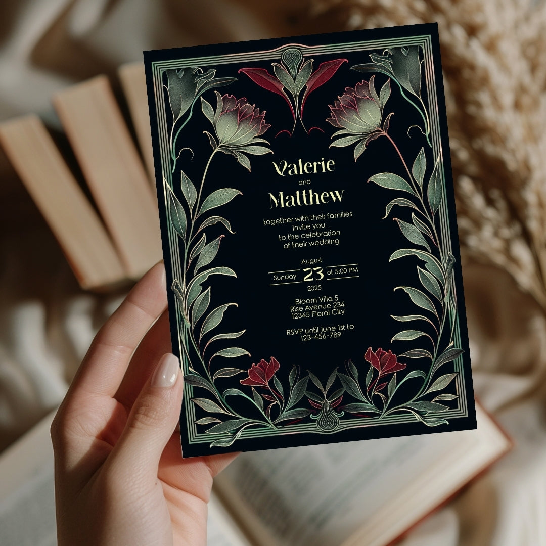 Red Floral Gothic Wedding Invitation