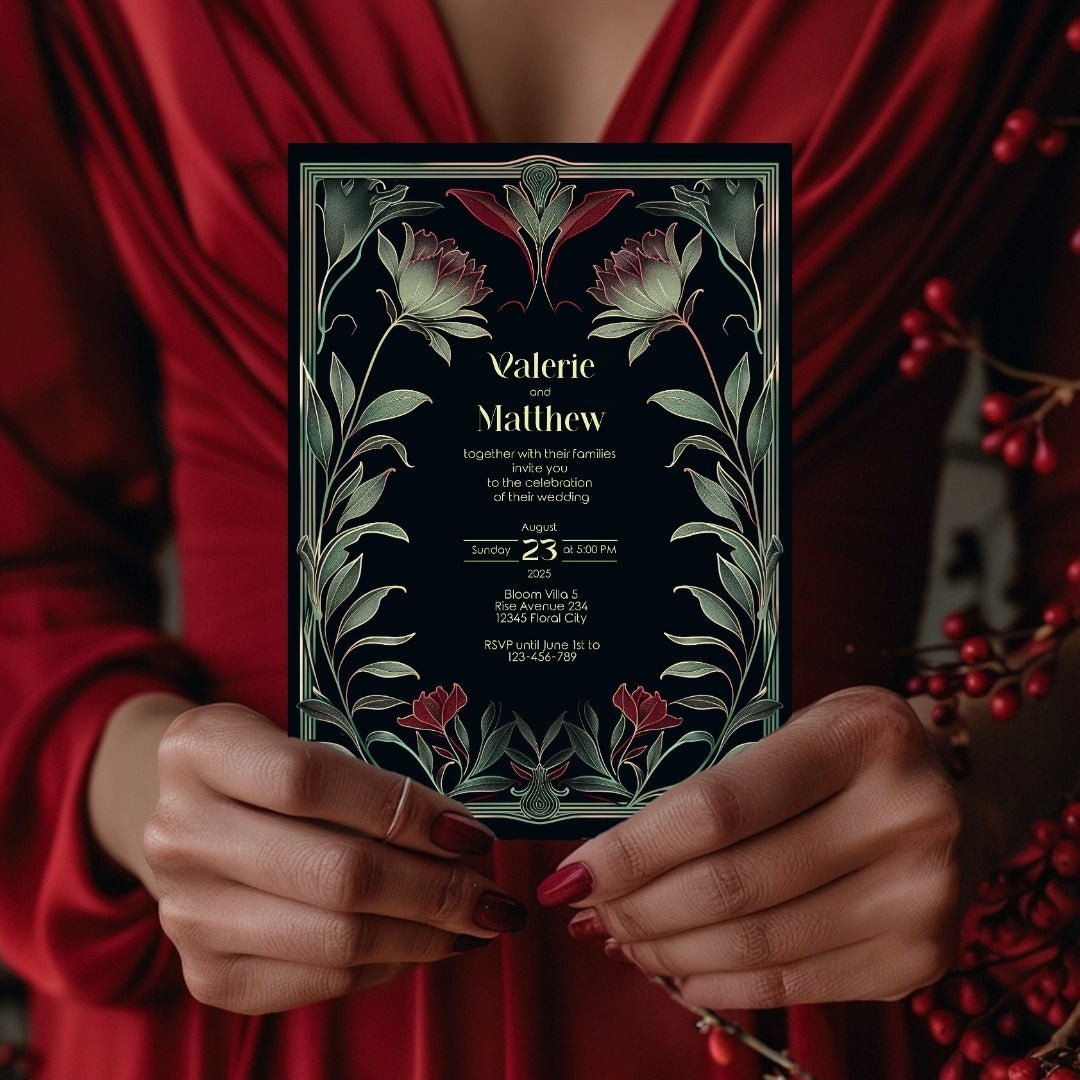 Red Floral Gothic Wedding Invitation