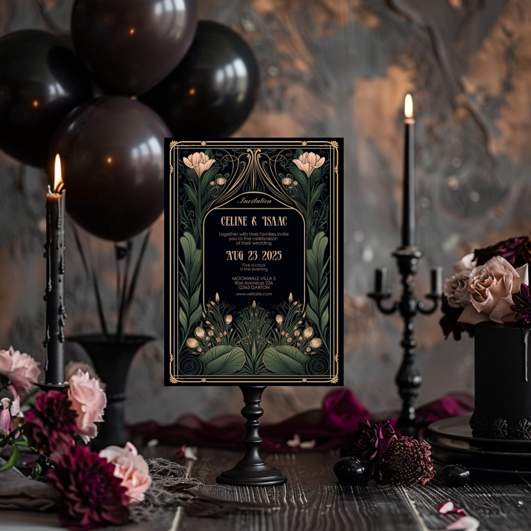 Floral Art Nouveau Gothic Wedding Invitation