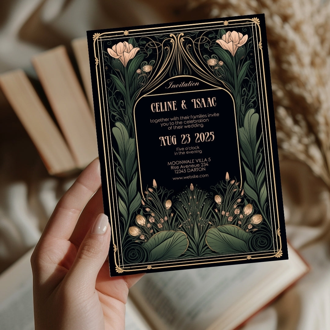 Floral Art Nouveau Gothic Wedding Invitation