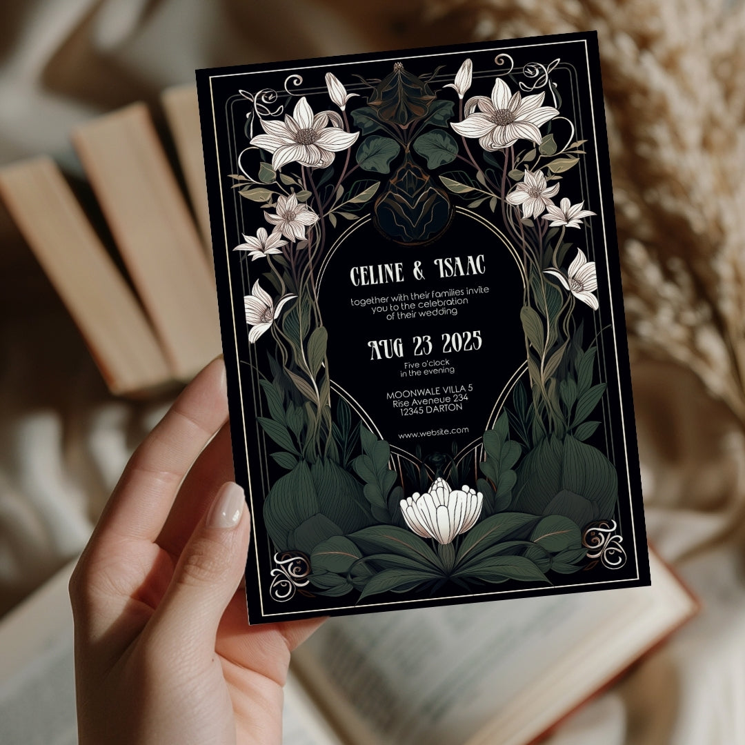 White Floral Gothic Art Deco Wedding Invitation