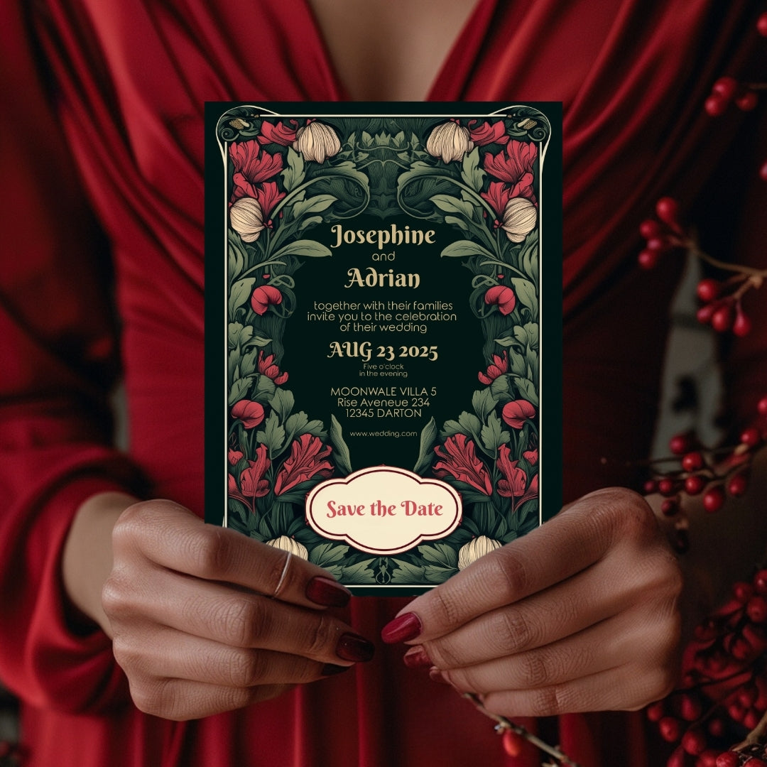 Enchanted Green Garden Red Floral Wedding Invitation