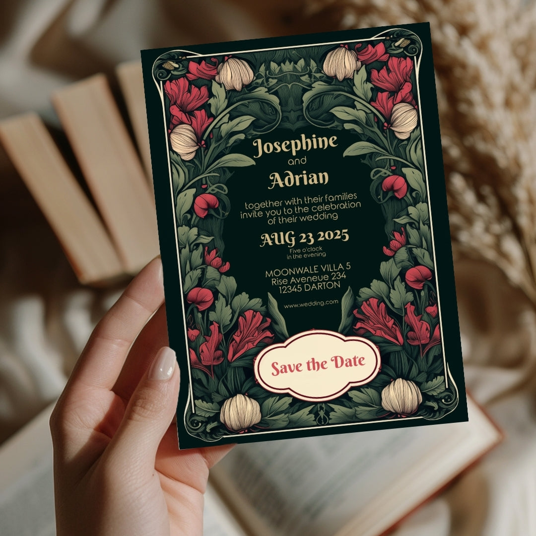 Enchanted Green Garden Red Floral Wedding Invitation