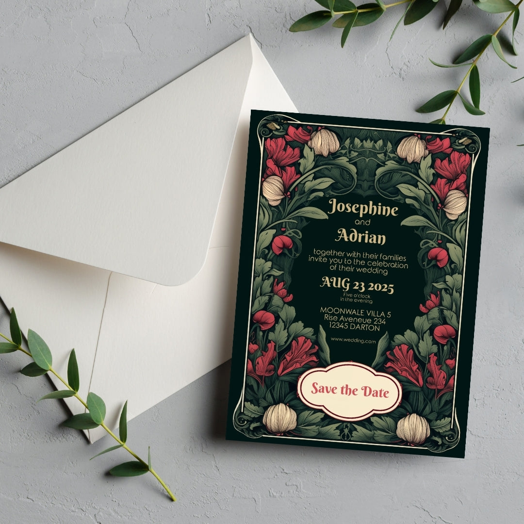 Enchanted Green Garden Red Floral Wedding Invitation