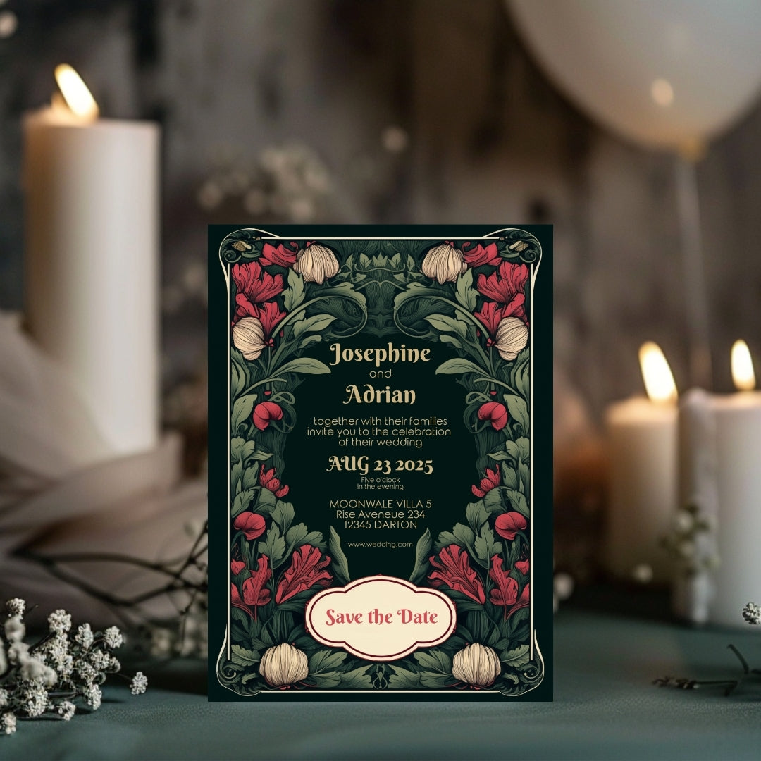 Enchanted Green Garden Red Floral Wedding Invitation