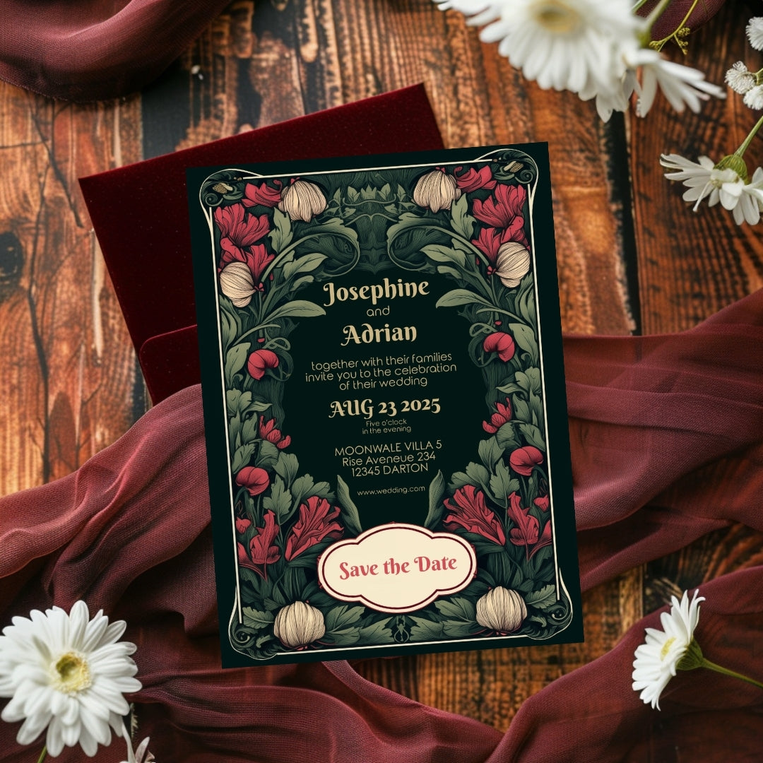 Enchanted Green Garden Red Floral Wedding Invitation