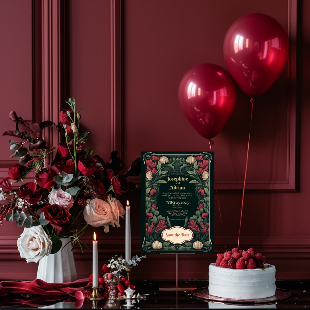 Enchanted Green Garden Red Floral Wedding Invitation