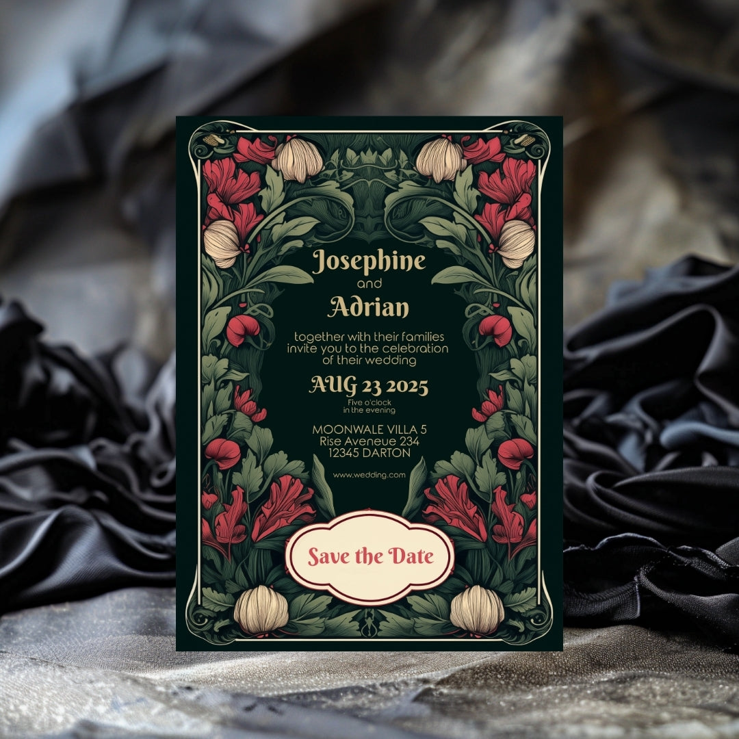 Enchanted Green Garden Red Floral Wedding Invitation