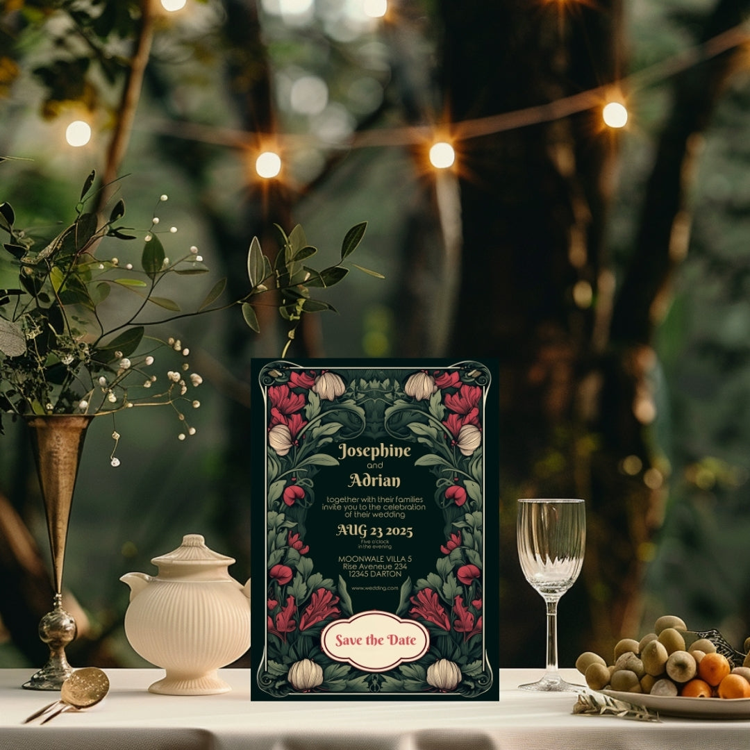 Enchanted Green Garden Red Floral Wedding Invitation
