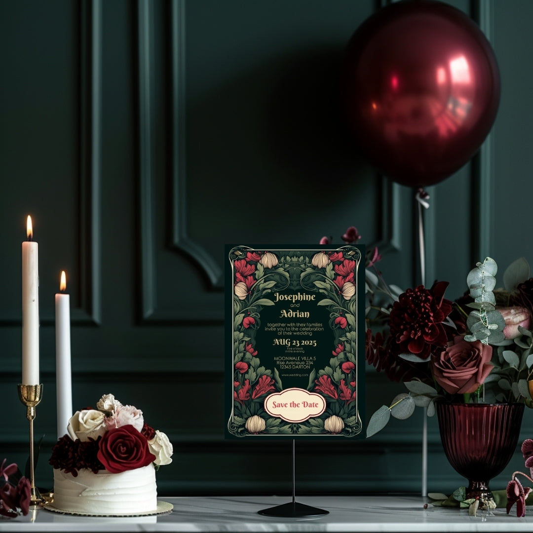 Enchanted Green Garden Red Floral Wedding Invitation