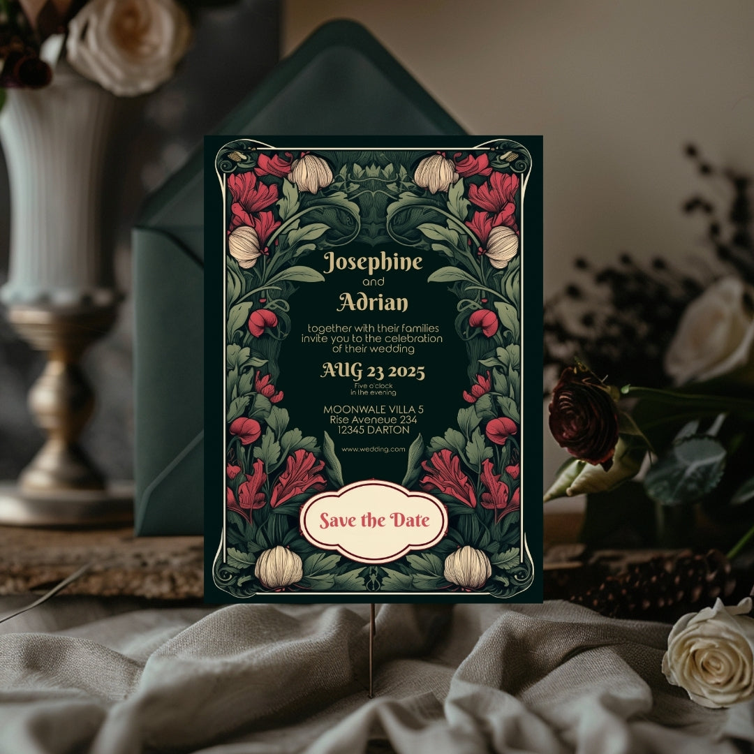 Enchanted Green Garden Red Floral Wedding Invitation