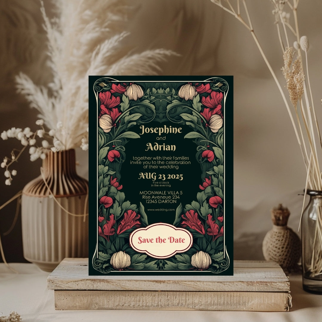 Enchanted Green Garden Red Floral Wedding Invitation