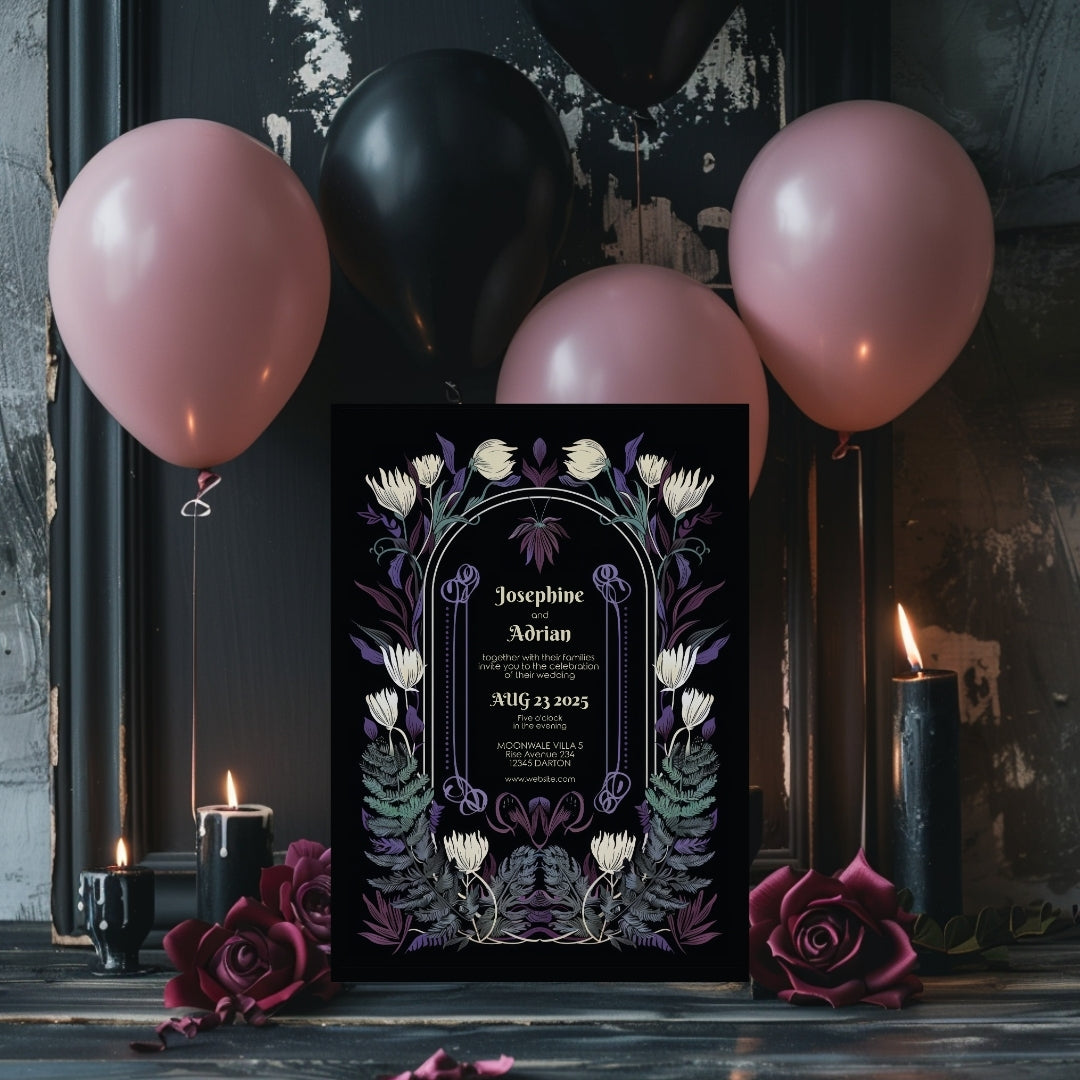 Mystical Colorful Floral Gothic Wedding Invitation
