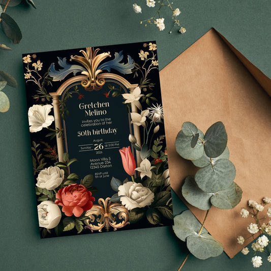 Luxurious Baroque Floral Birthday Invitation with Ornate Arch