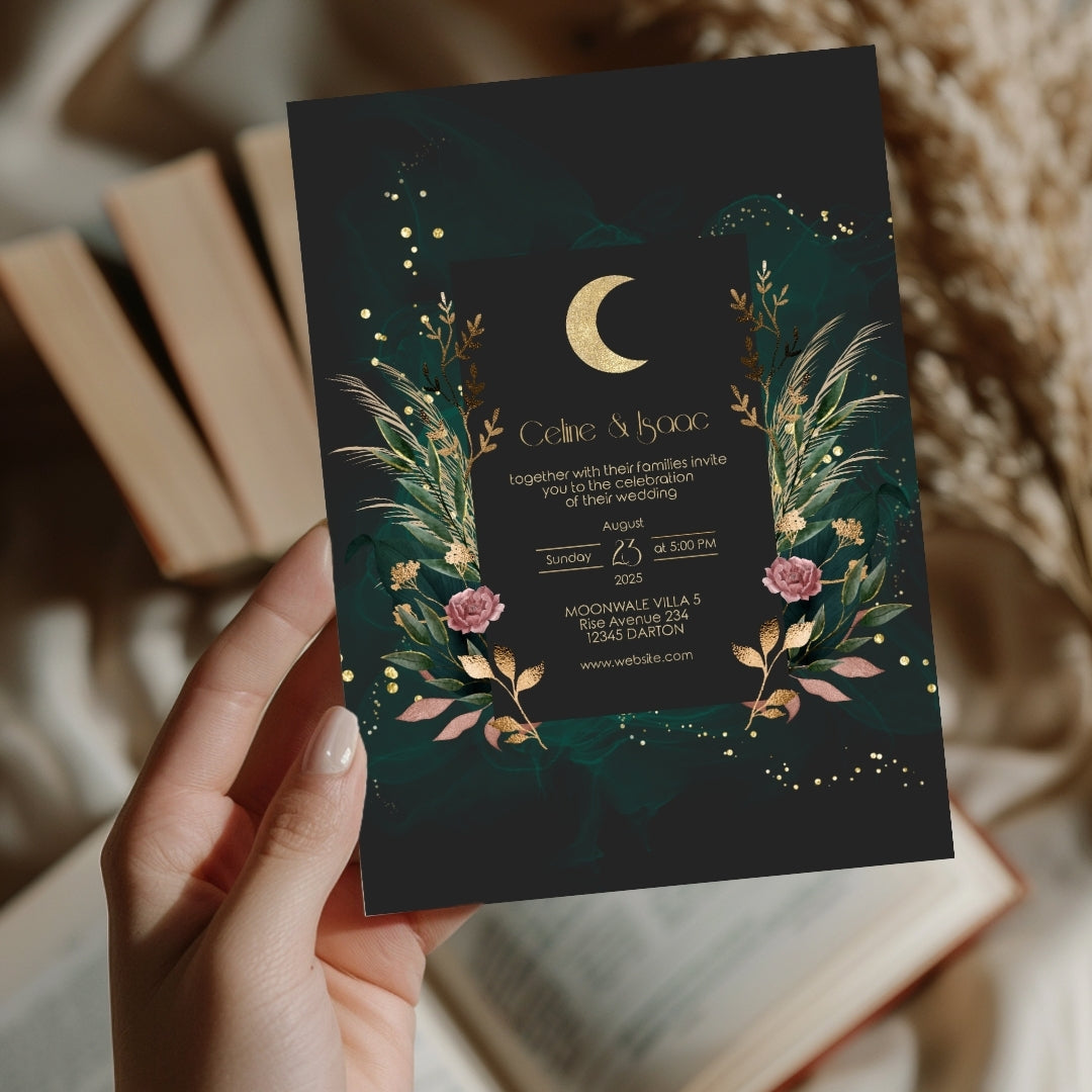 Green Celestial Floral Garden Wedding Invitation Set - 5x7 Invitation, 4.5x6.25 Details, 3.5.x5 RSVP