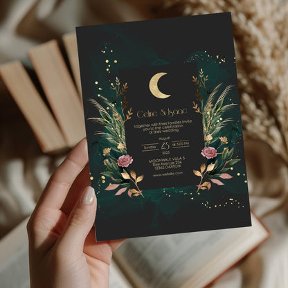 Green Celestial Floral Garden Wedding Invitation Set - 5x7 Invitation, 4.5x6.25 Details, 3.5.x5 RSVP