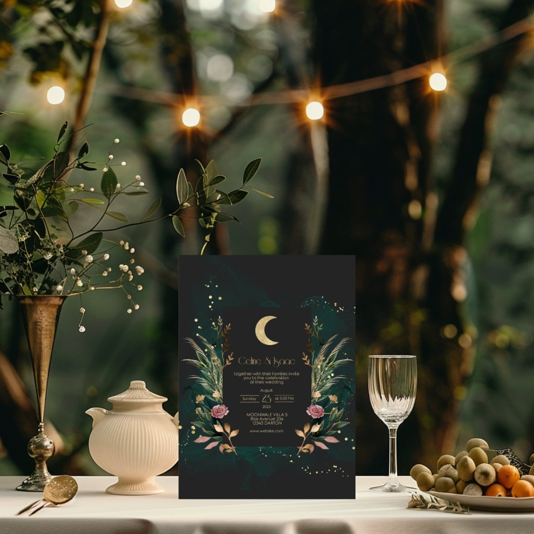 Green Celestial Wedding Invitation Set - 7 items (invitation, rsvp, details, menu, table, name, thank you)