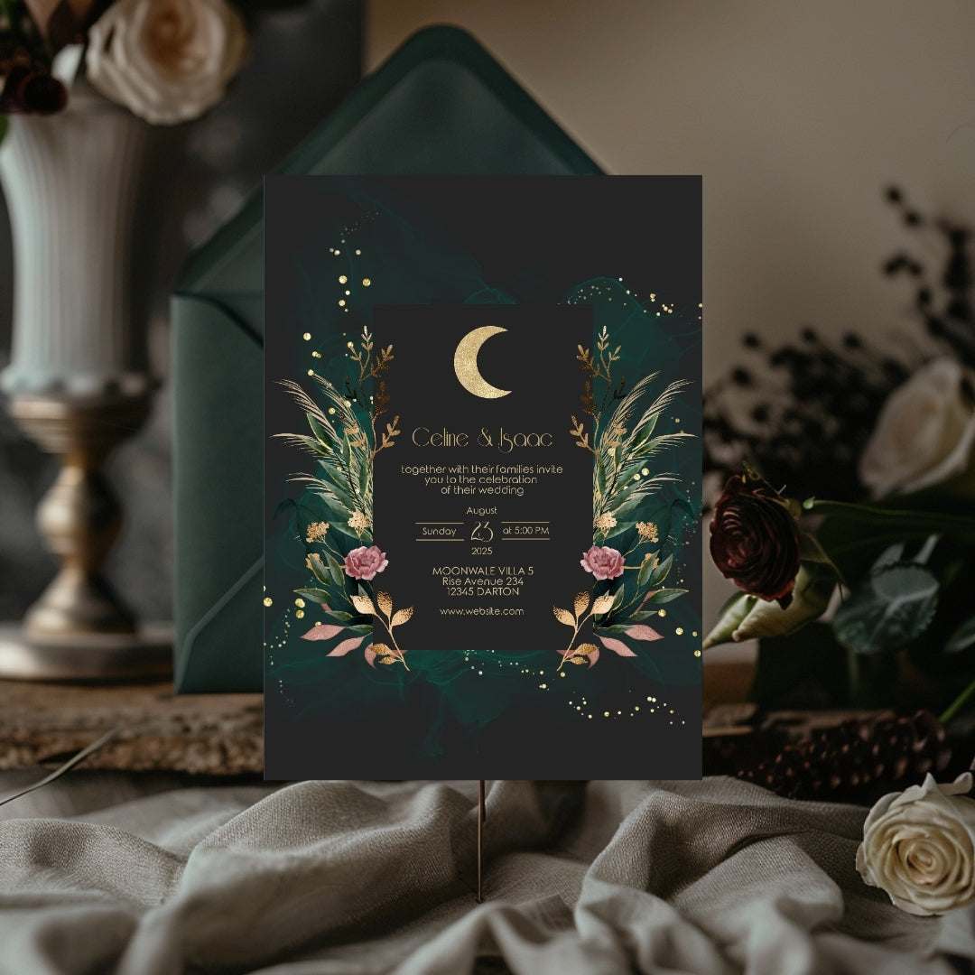 Green Celestial Floral Garden Wedding Invitation Set - 5x7 Invitation, 4.5x6.25 Details, 3.5.x5 RSVP