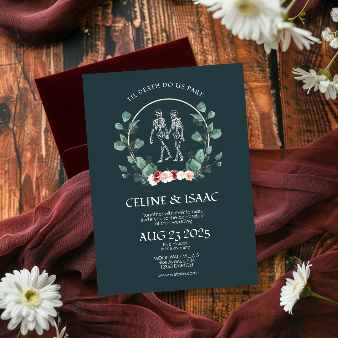 Green Florals Gothic Minimalist Wedding Invitation Set - 5x7 Invitation, 4x5 Details, 3.5.x5 RSVP