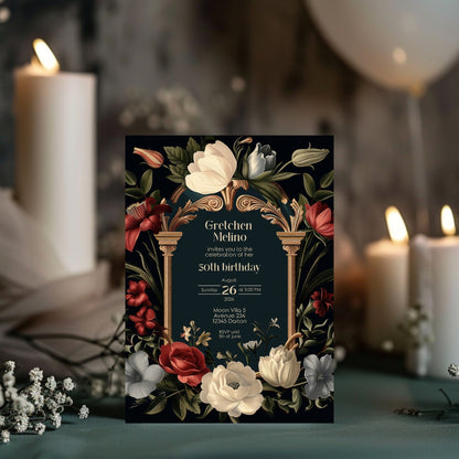 Dark Baroque Floral Birthday Invitation with Gold Arch and Roses