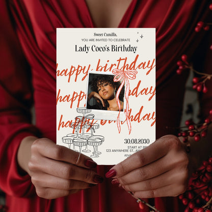 Chic Birthday Party Invitation with Photo – Cute Retro Doodle Style, Polaroid & Bows