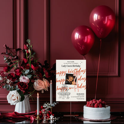 Chic Birthday Party Invitation with Photo – Cute Retro Doodle Style, Polaroid & Bows