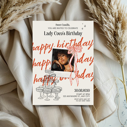 Chic Birthday Party Invitation with Photo – Cute Retro Doodle Style, Polaroid & Bows