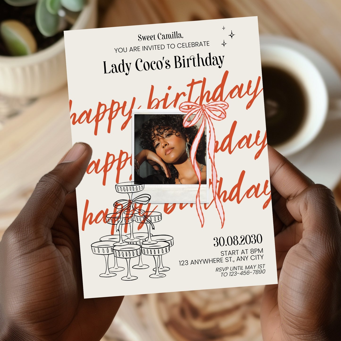 Chic Birthday Party Invitation with Photo – Cute Retro Doodle Style, Polaroid & Bows