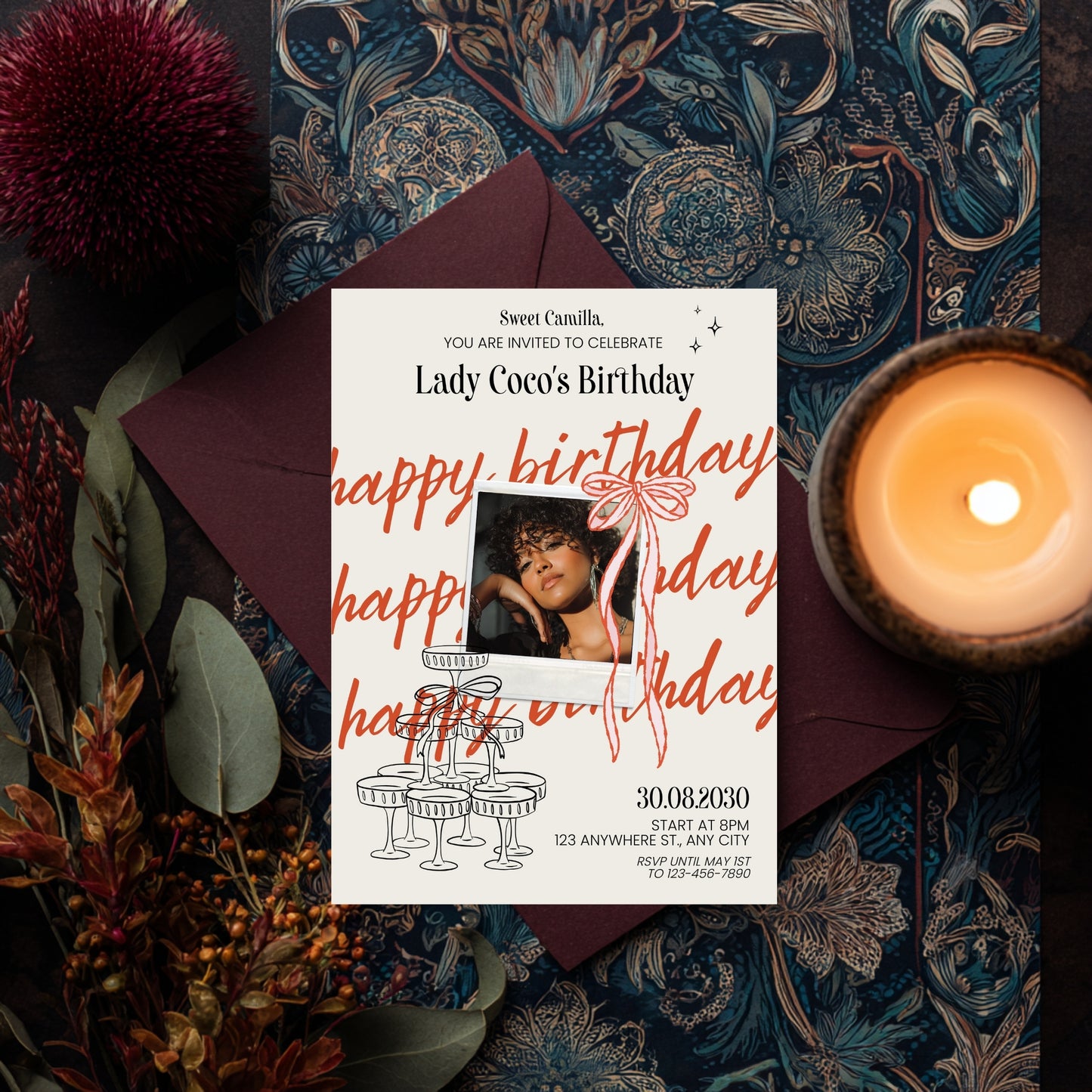 Chic Birthday Party Invitation with Photo – Cute Retro Doodle Style, Polaroid & Bows