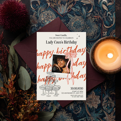 Chic Birthday Party Invitation with Photo – Cute Retro Doodle Style, Polaroid & Bows