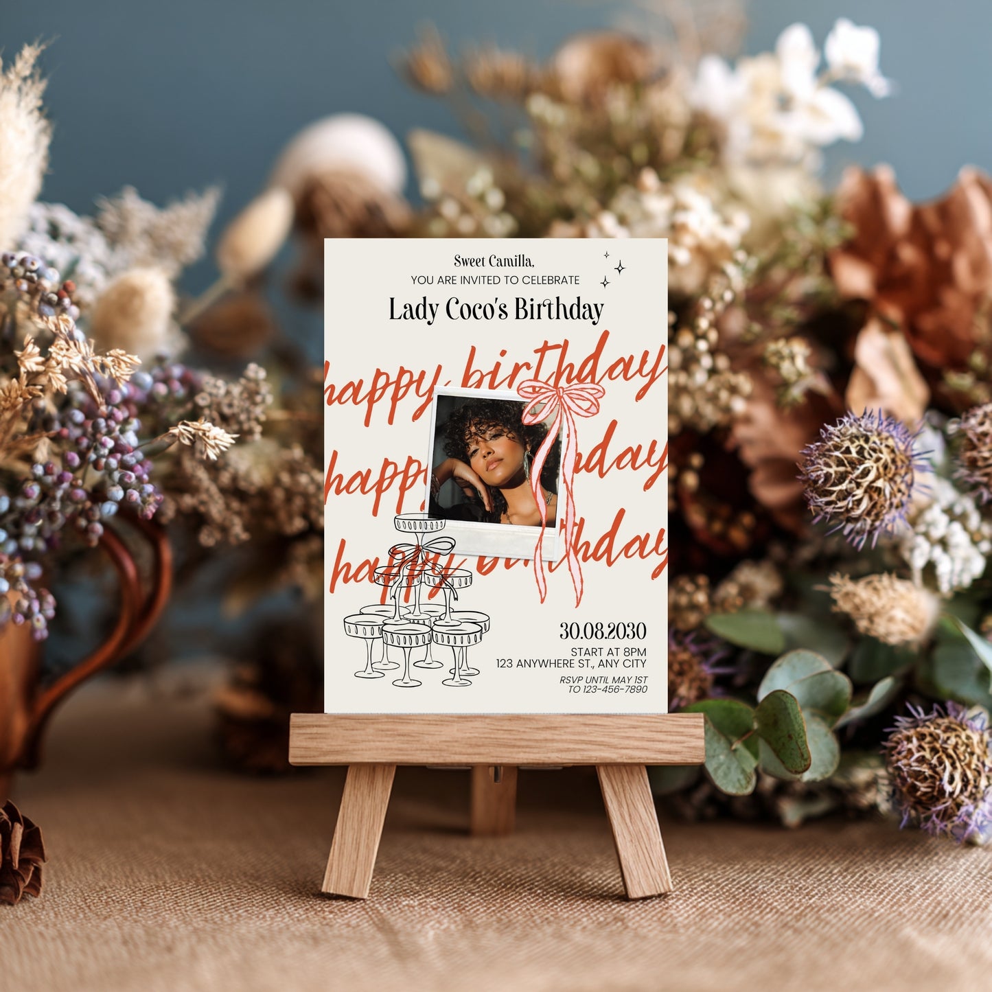 Chic Birthday Party Invitation with Photo – Cute Retro Doodle Style, Polaroid & Bows